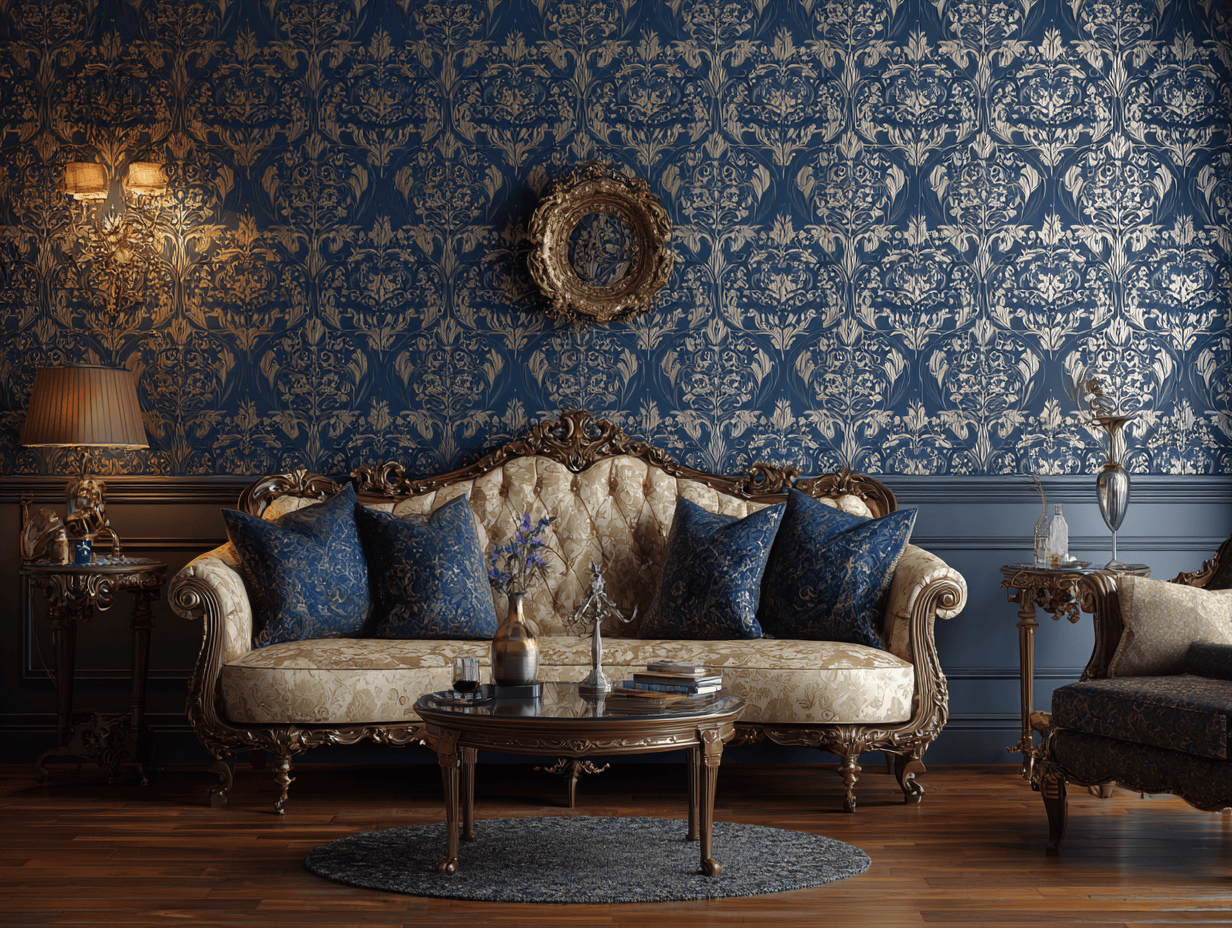 Regal living room wallpaper designs in royal blue with intricate floral patterns