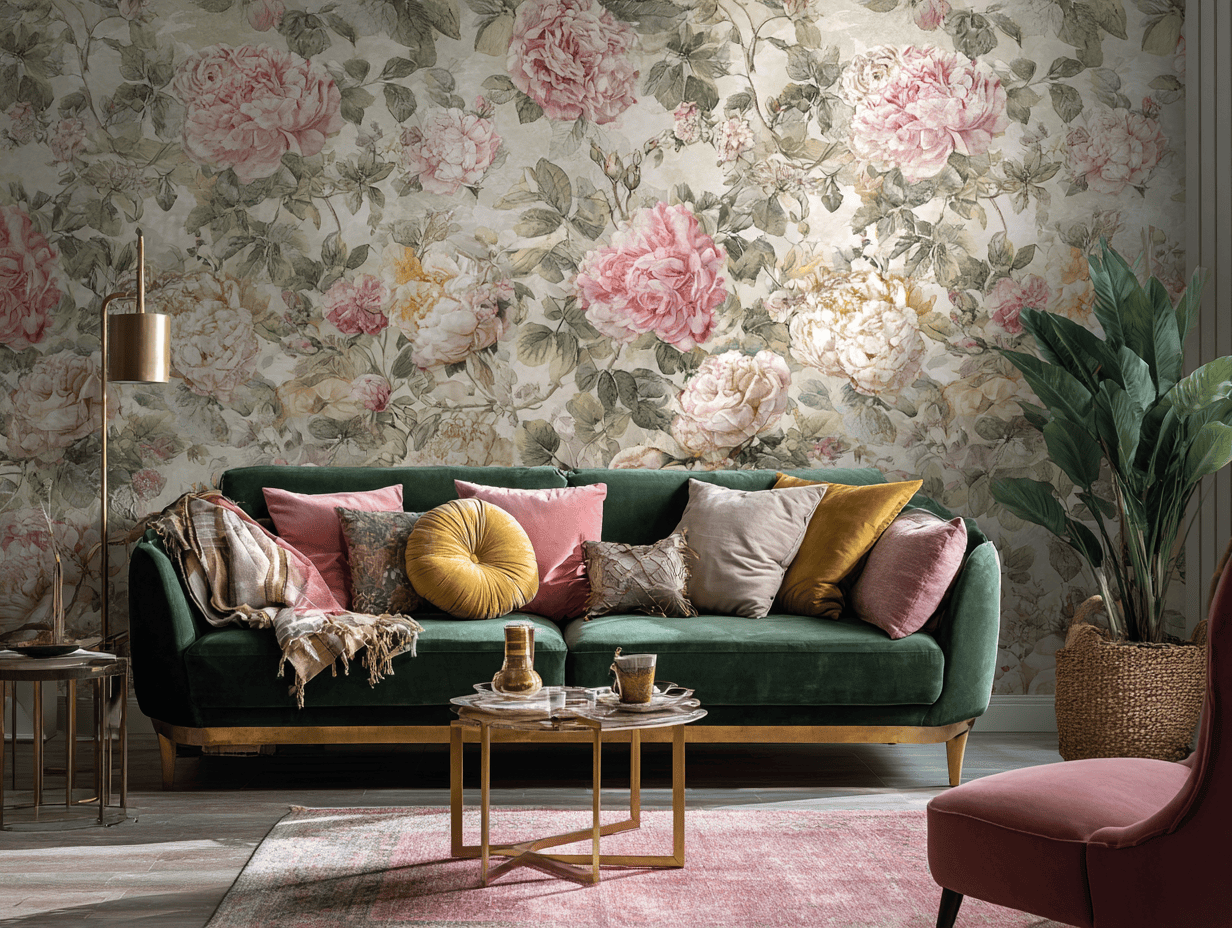 Charming living room wallpaper designs with bold floral patterns and velvet furniture