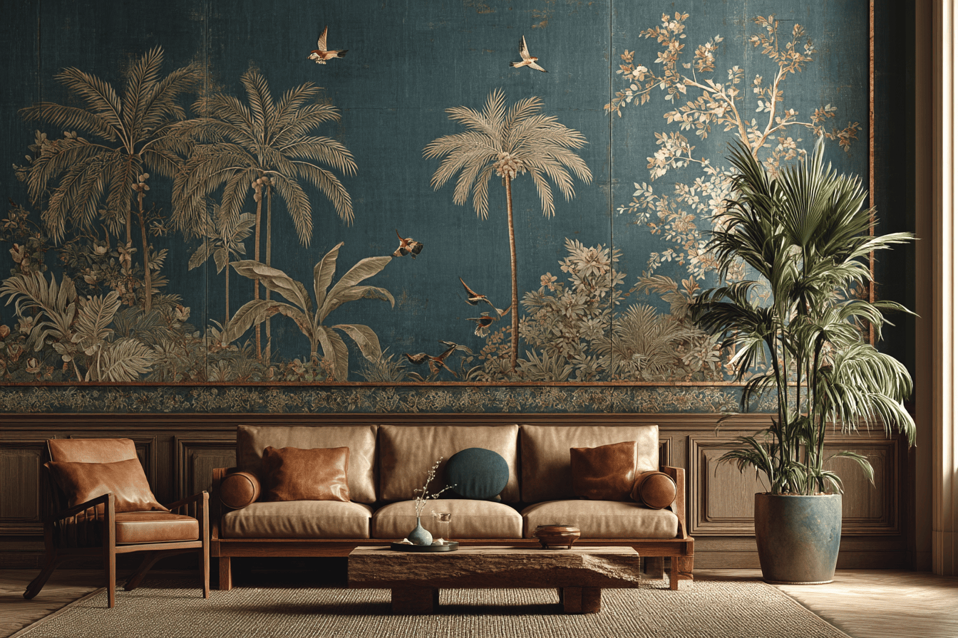 Tropical living room wallpaper designs with botanical elegance and earthy tones