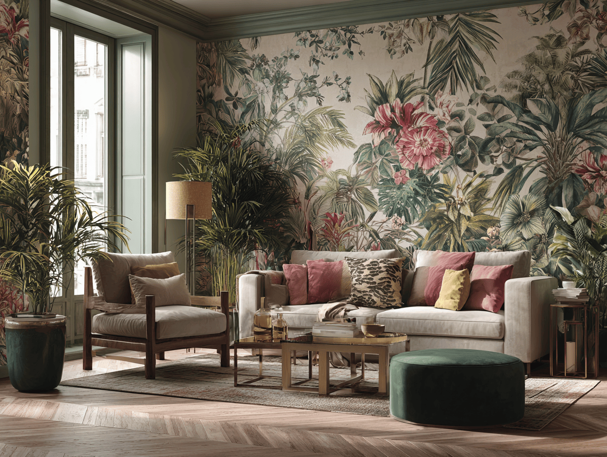 Tropical living room wallpaper designs with vibrant floral print and natural greenery
