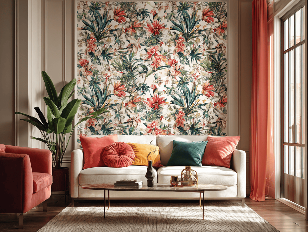 Tropical living room wallpaper designs with floral prints and vibrant coral-toned décor