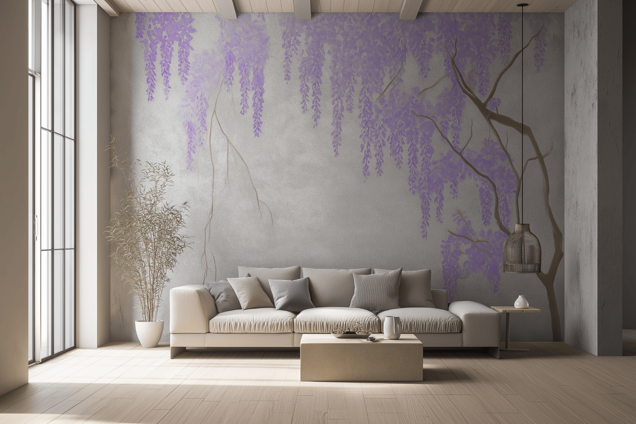 Minimalist living room wallpaper designs with cascading lavender floral mural on grey wall