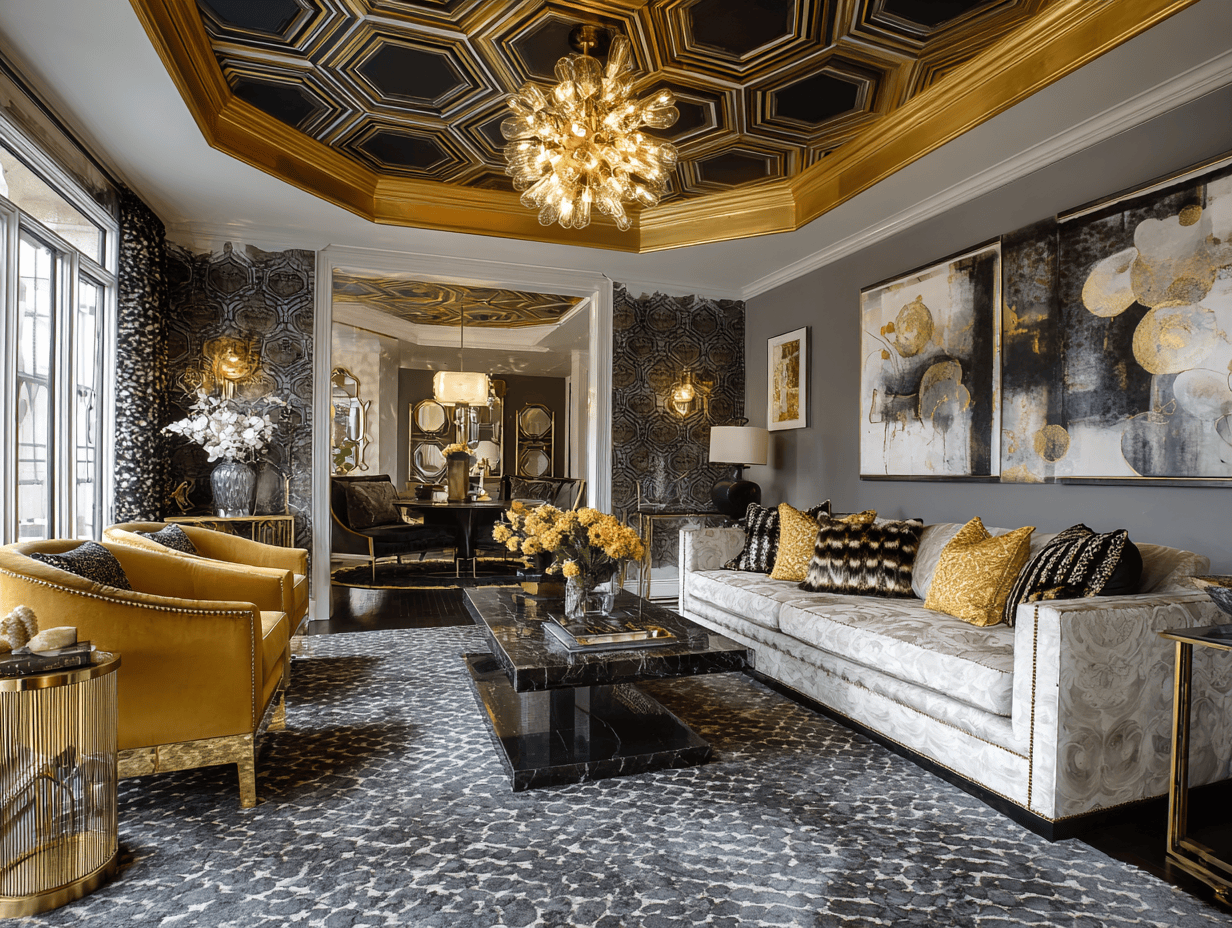 Opulent living room wallpaper designs with gold tones and luxury ceiling decor details