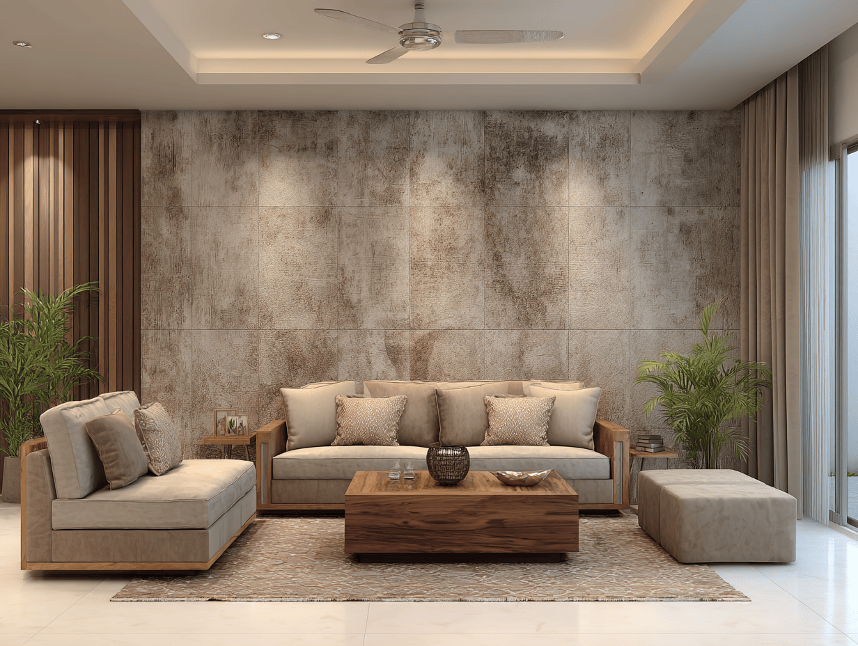 Earth-toned living room wallpaper designs with wooden accents and cosy neutral seating