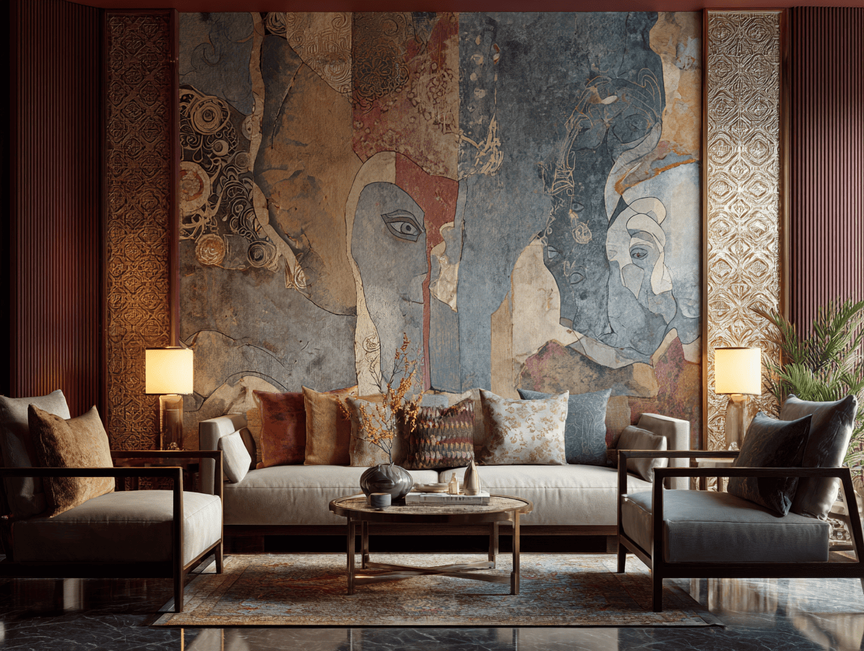 Artistic wall design for living room with traditional mural and warm-toned seating