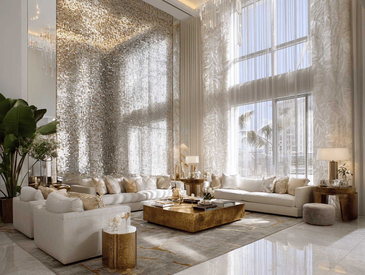 Glamorous wall design for living room with mirrored mosaic and gold accents
