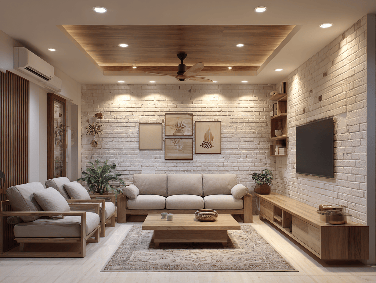 Minimalist wall design for living room with white brick texture and wood accents