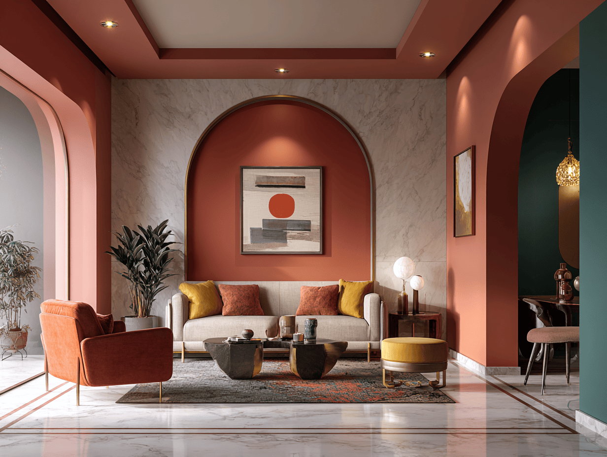 Modern wall design for living room with arched accents and bold colour blocking