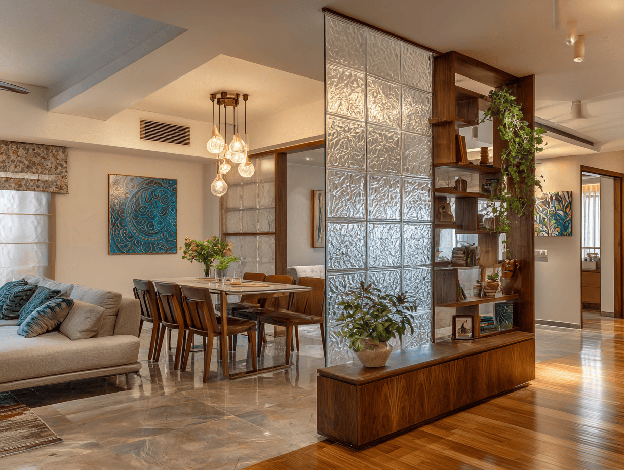 Stylish wall design for living room with glass block partition and wood shelving