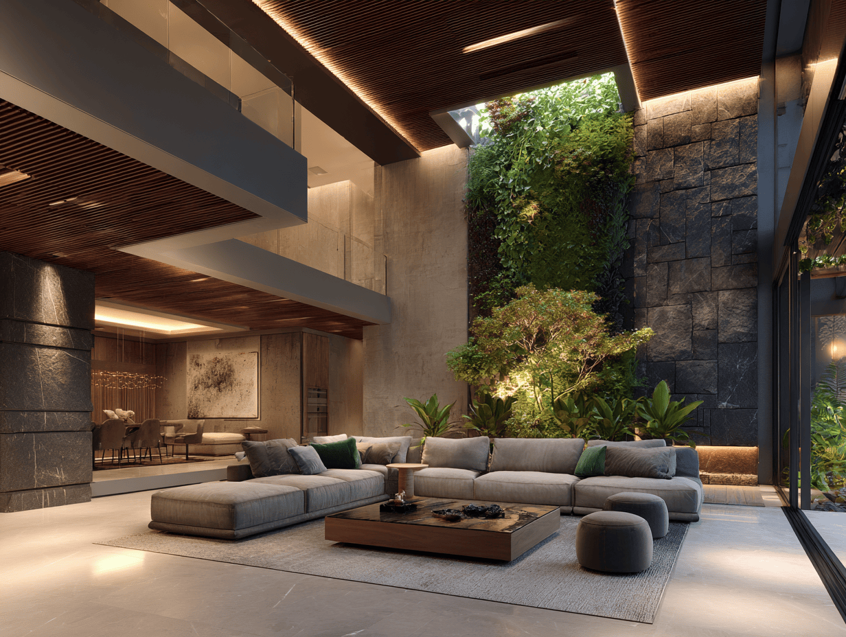 Lush wall design for living room featuring biophilic garden and stone textures