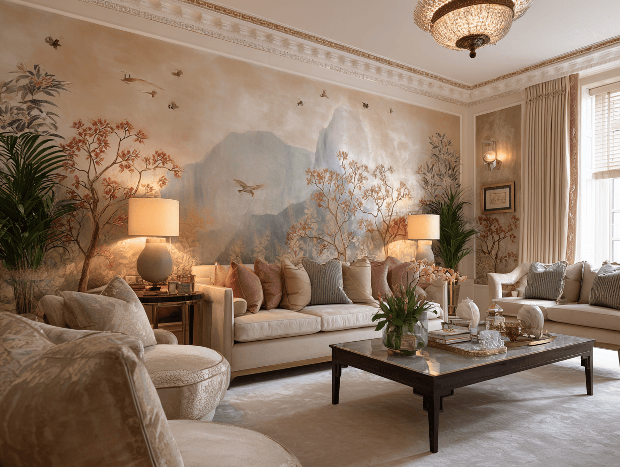 Nature-themed wall design for living room with hand-painted birds and floral art