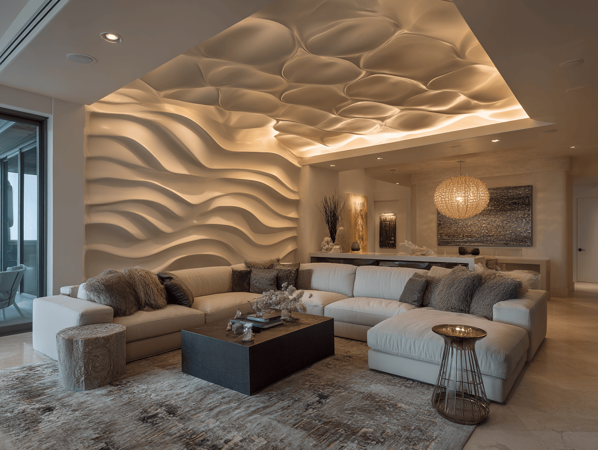 Sculptural wall design for living room with 3D wave patterns and ambient lighting