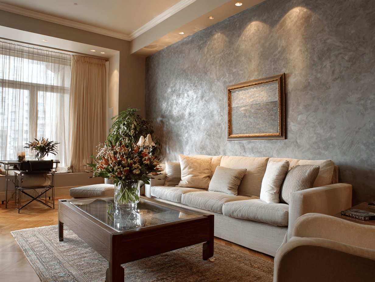 Elegant wall design for living room with grey textured finish and spotlight accents