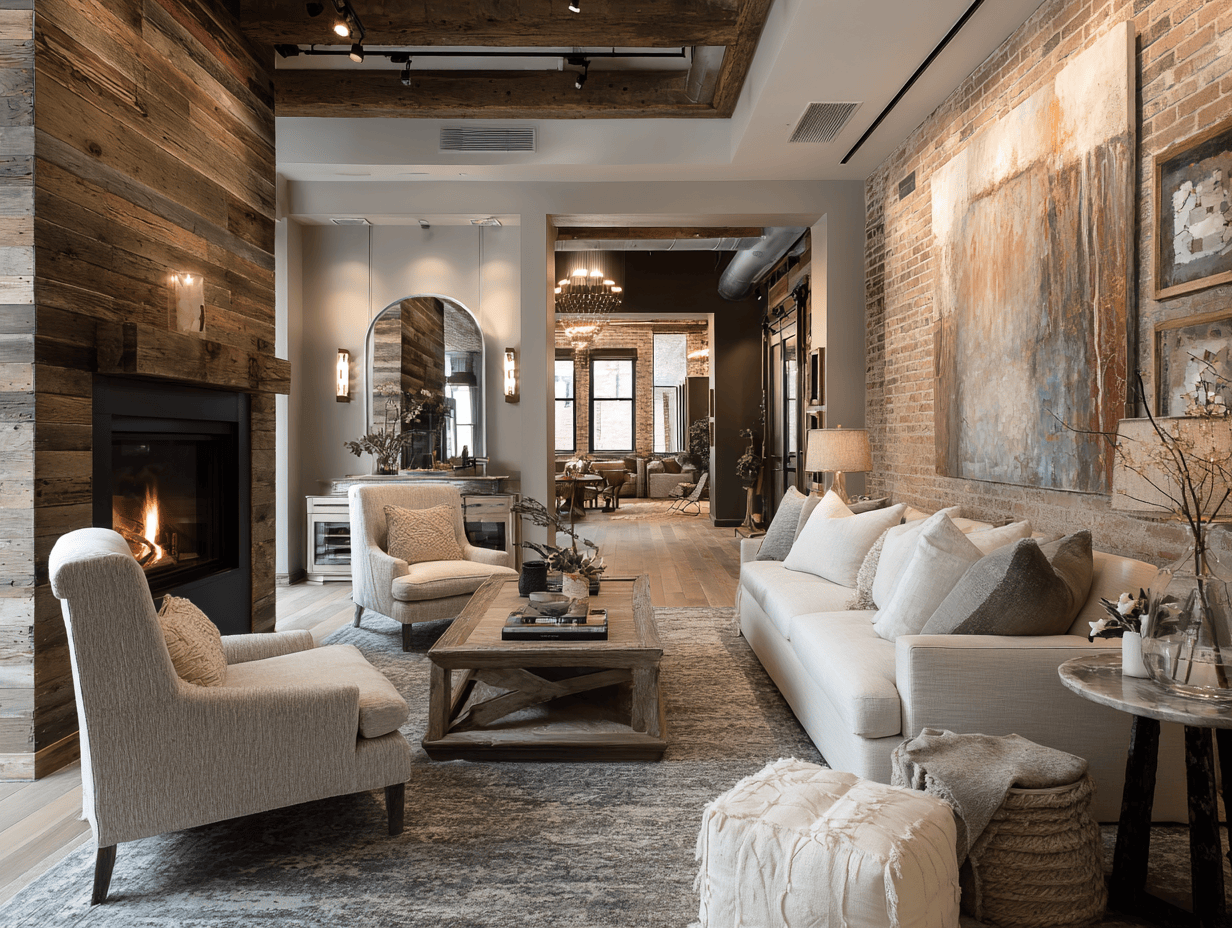Rustic wall design for living room with exposed brick and reclaimed wood textures