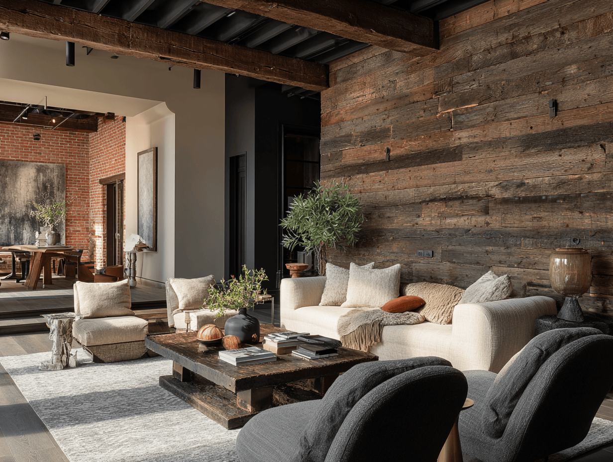 Rustic wall design for living room with wood texture and neutral modern decor