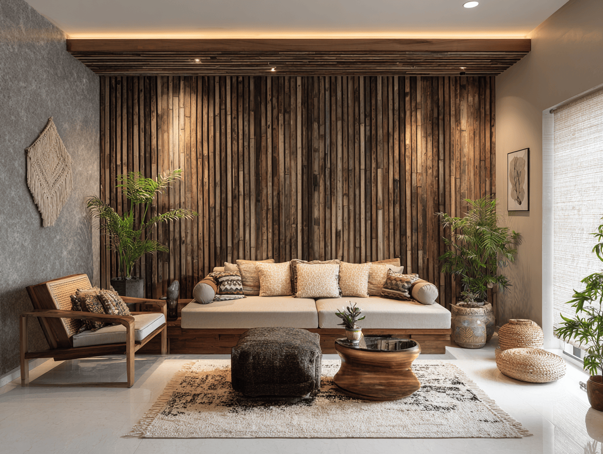 Natural wall design for living room with vertical wood slats and earthy decor