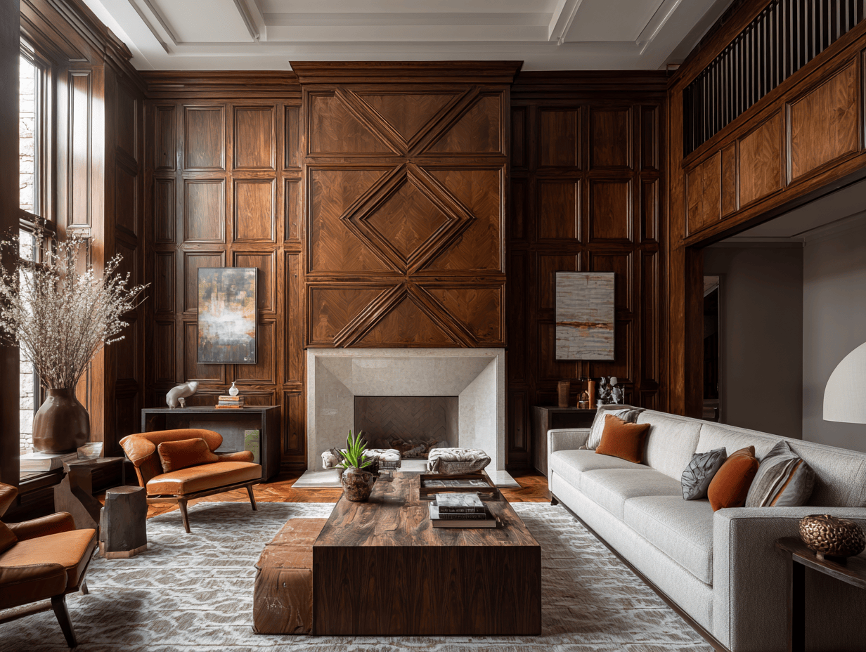 Elegant wall design for living room featuring rich wooden panels and warm accents