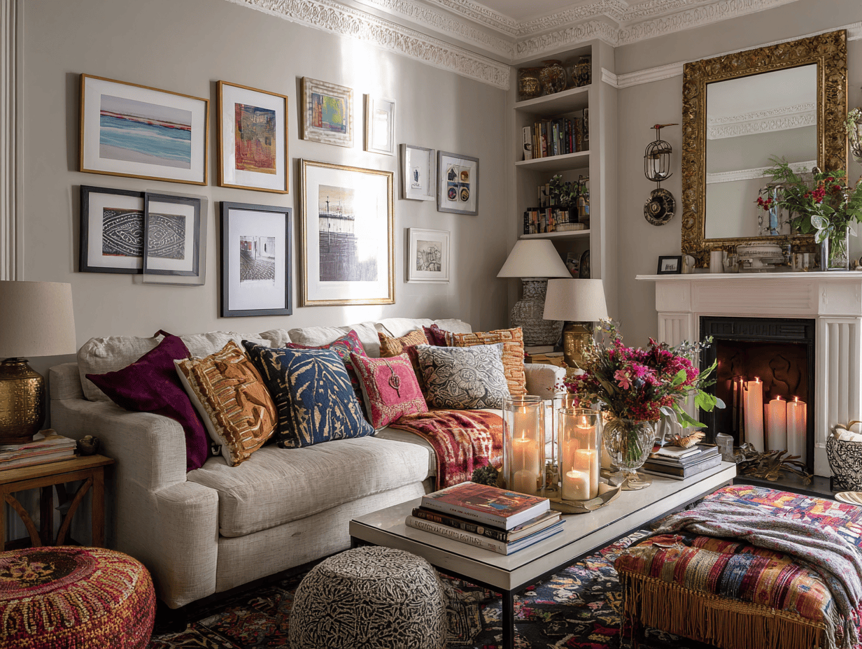 Eclectic interior design ideas for living room with gallery wall