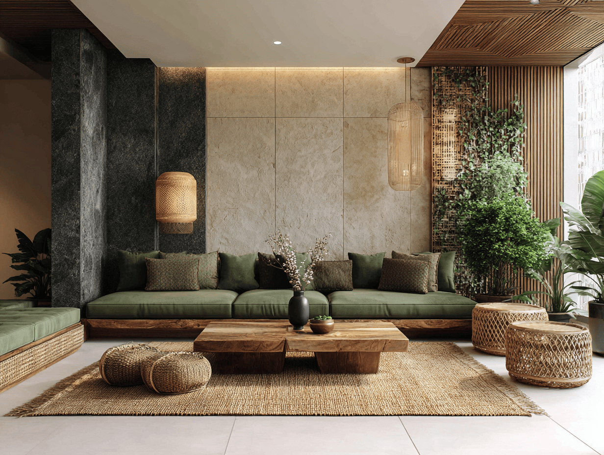 Earthy interior design ideas for living room with green seating