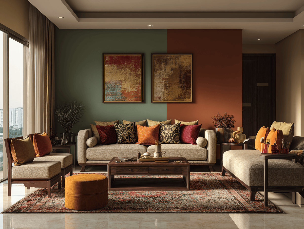 Bold interior design ideas for living room with earthy color palette