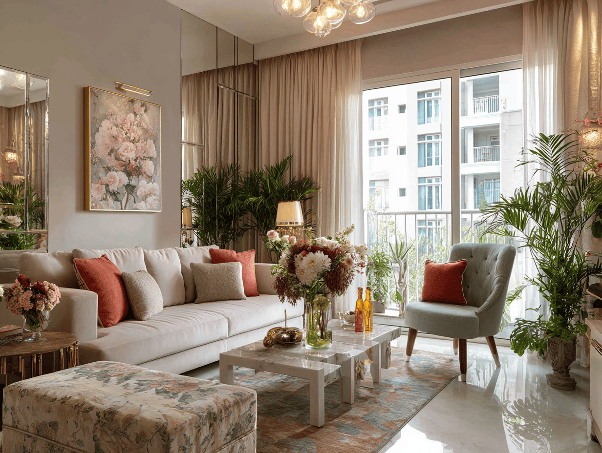 Fresh interior design ideas for living room with floral decor accents