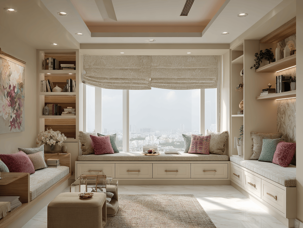 Cozy interior design ideas for living room with window seating