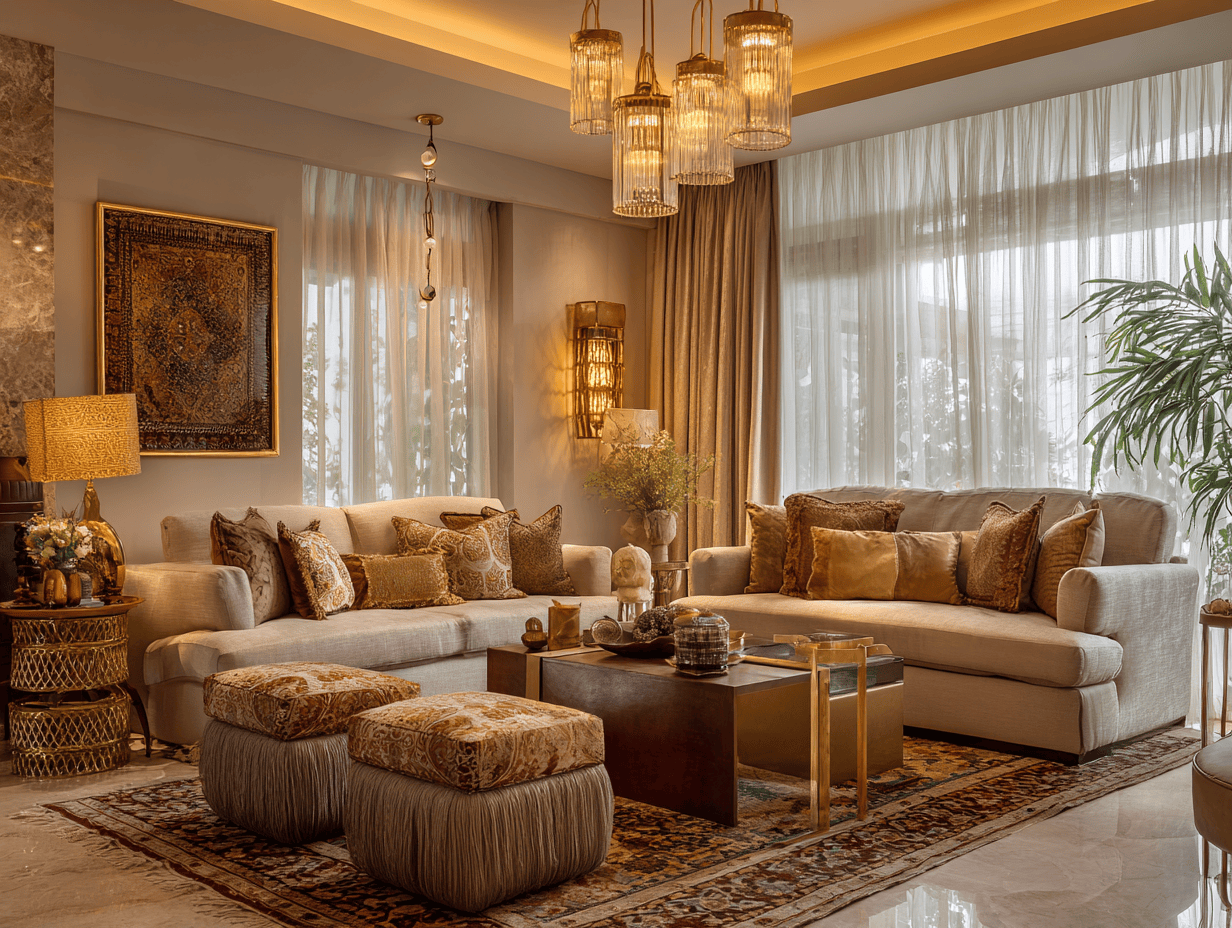 Luxury interior design ideas for living room with golden lighting