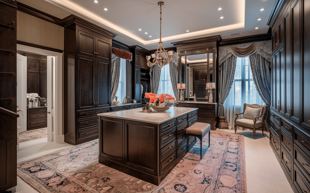 Luxury cupboard design for bedroom with island and mirrors