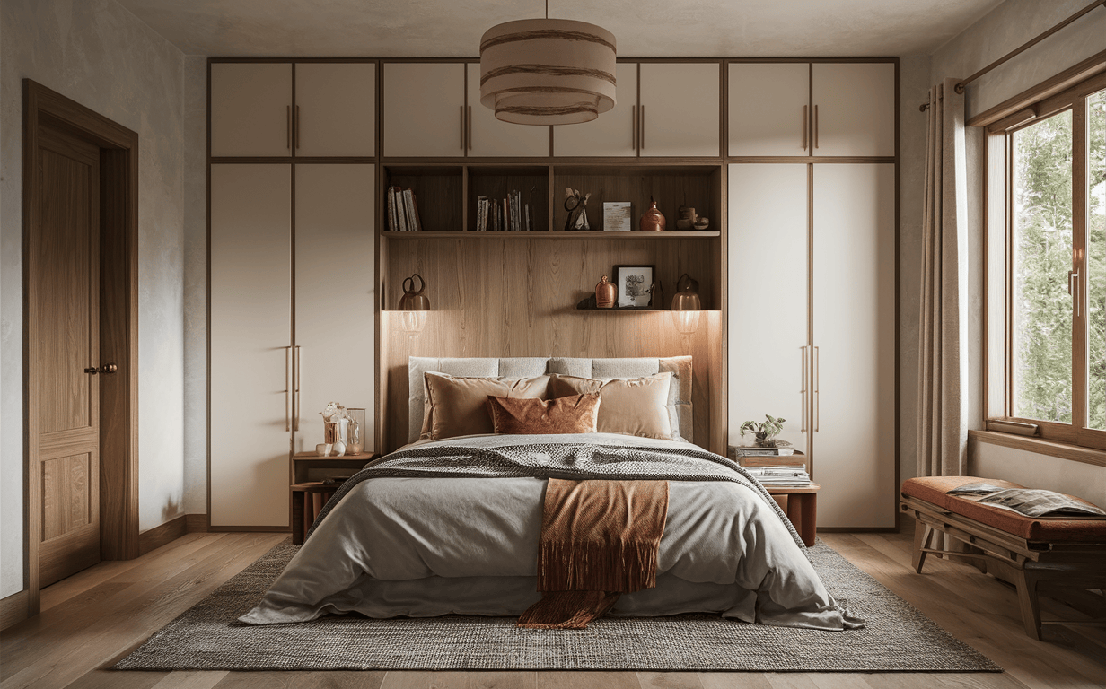 Elegant cupboard design for bedroom with warm wooden finish