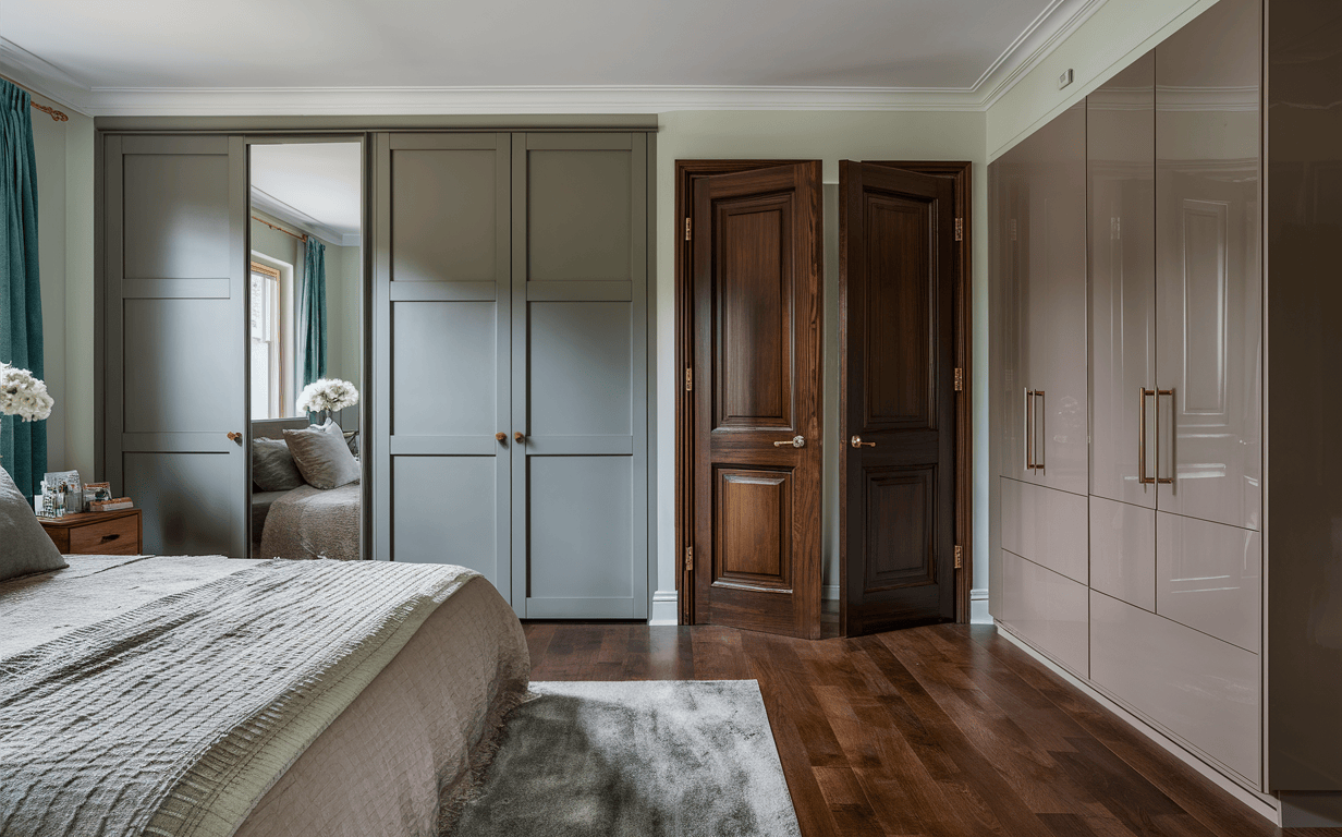 Glossy cupboard design for bedroom with mirror panel doors