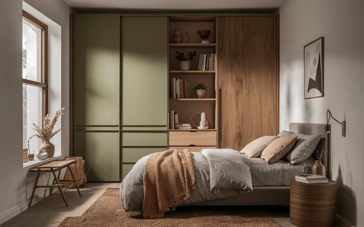 Minimal cupboard design for bedroom in green and oak finish