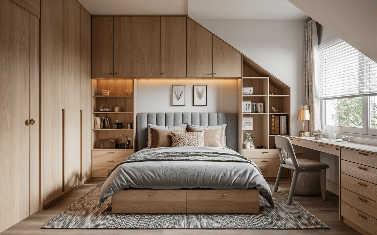 Functional cupboard design for small bedroom with study and storage