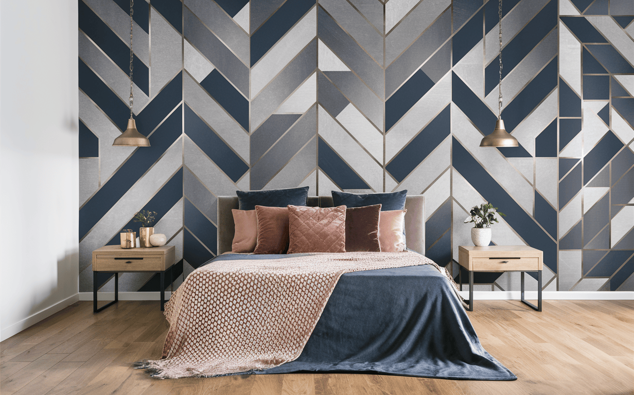 Bold wallpaper design for bedroom with geometric blue-grey patterns