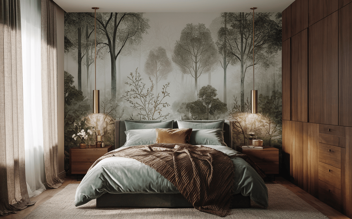 Nature-inspired wallpaper design for bedroom with forest mural theme