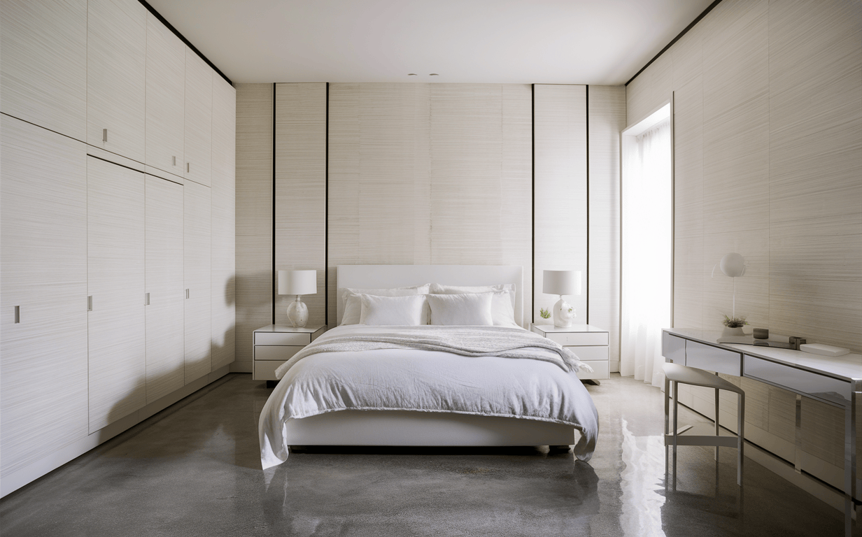 Minimalist wallpaper design for bedroom with sleek white panel walls