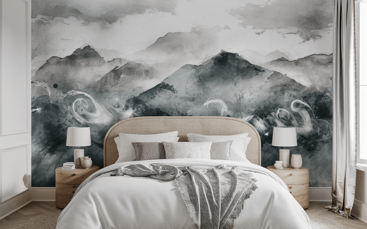 Artistic wallpaper design for bedroom with watercolor mountain theme