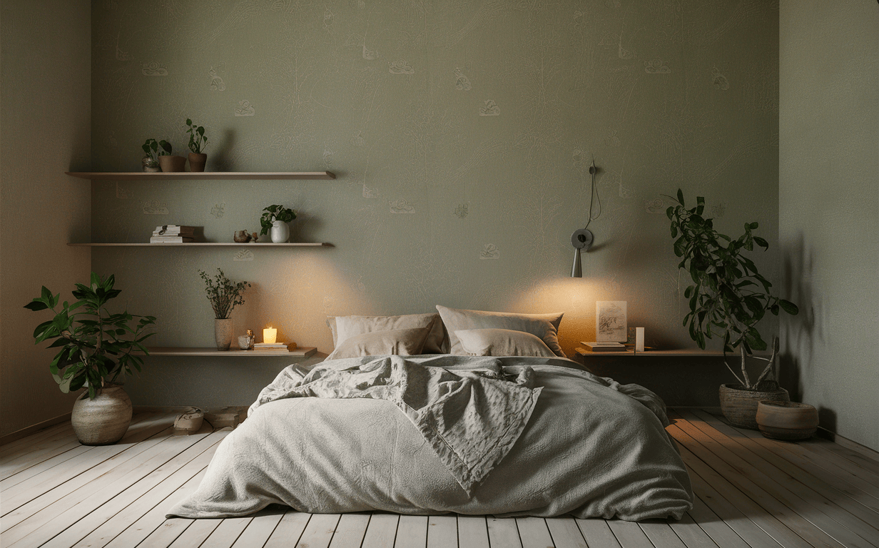 Cozy wallpaper design for bedroom with soft earthy green texture