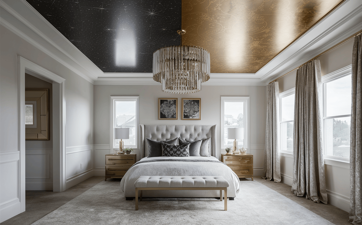 Elegant wallpaper design for bedroom with luxurious ceiling detail