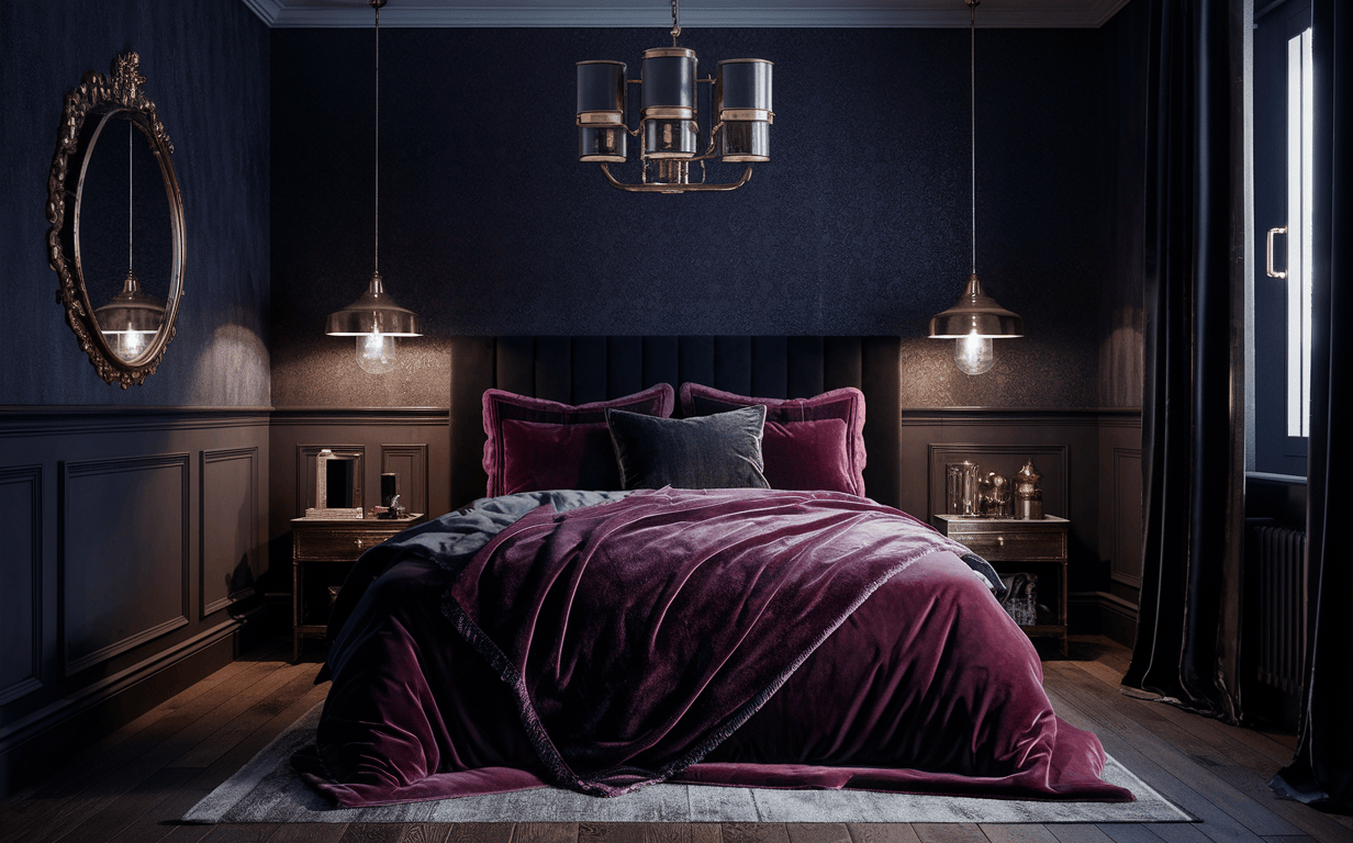 Luxurious wallpaper design for bedroom in deep violet and black tones