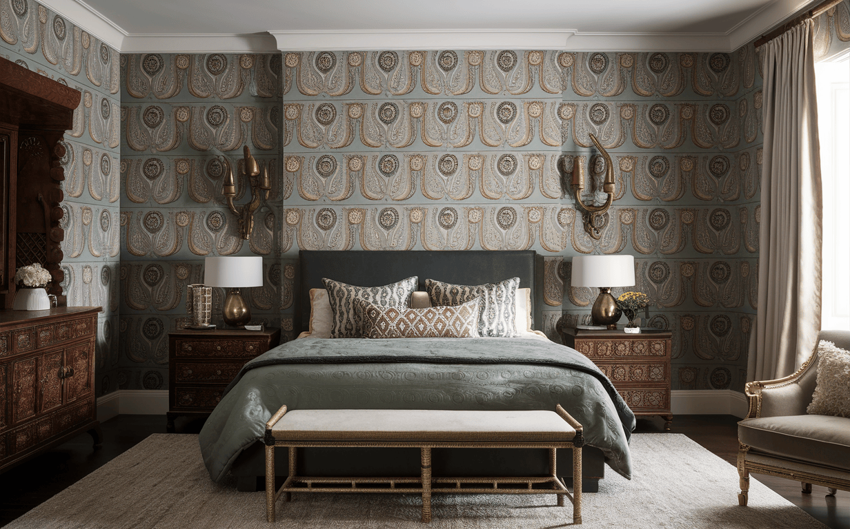 Traditional wallpaper design for bedroom with paisley texture style