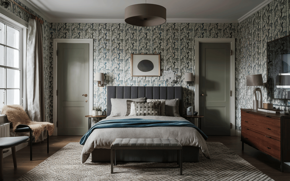 Floral wallpaper design for bedroom with modern rustic elements