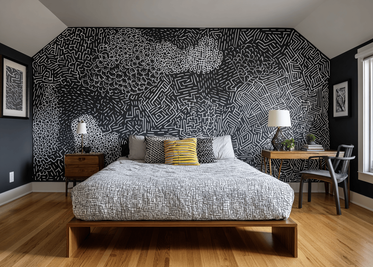 Modern wallpaper design for bedroom with abstract black maze art