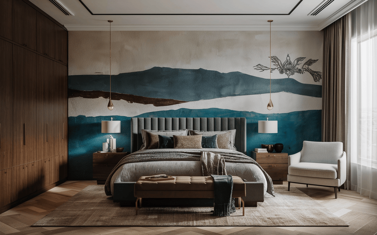 Abstract wallpaper design for bedroom with teal and mountain tones