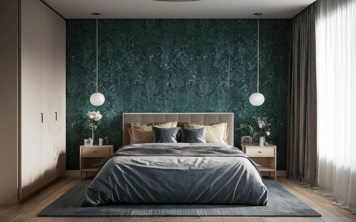 Modern wallpaper design for bedroom in bold leafy pattern style