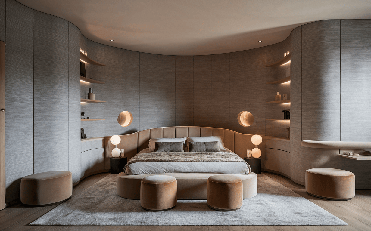 Modern wallpaper design for bedroom with soft curved wall panels