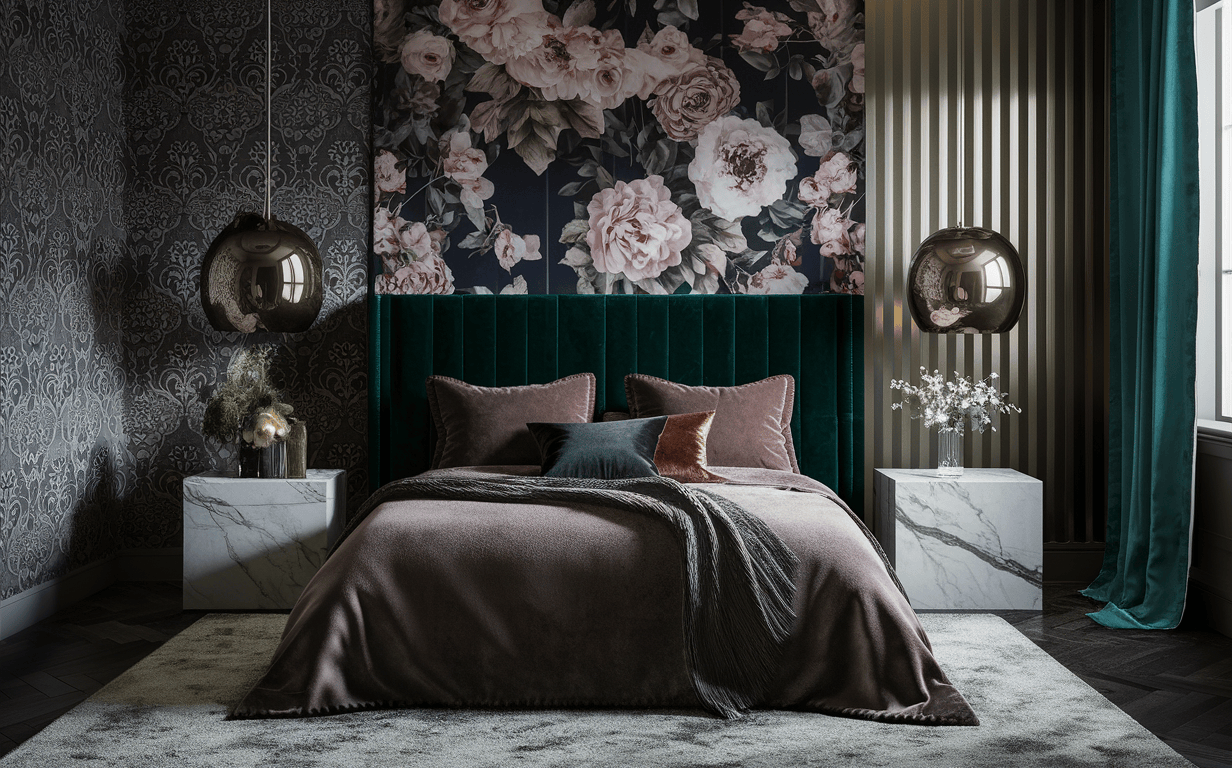 Floral wallpaper design for bedroom with vintage dark color scheme