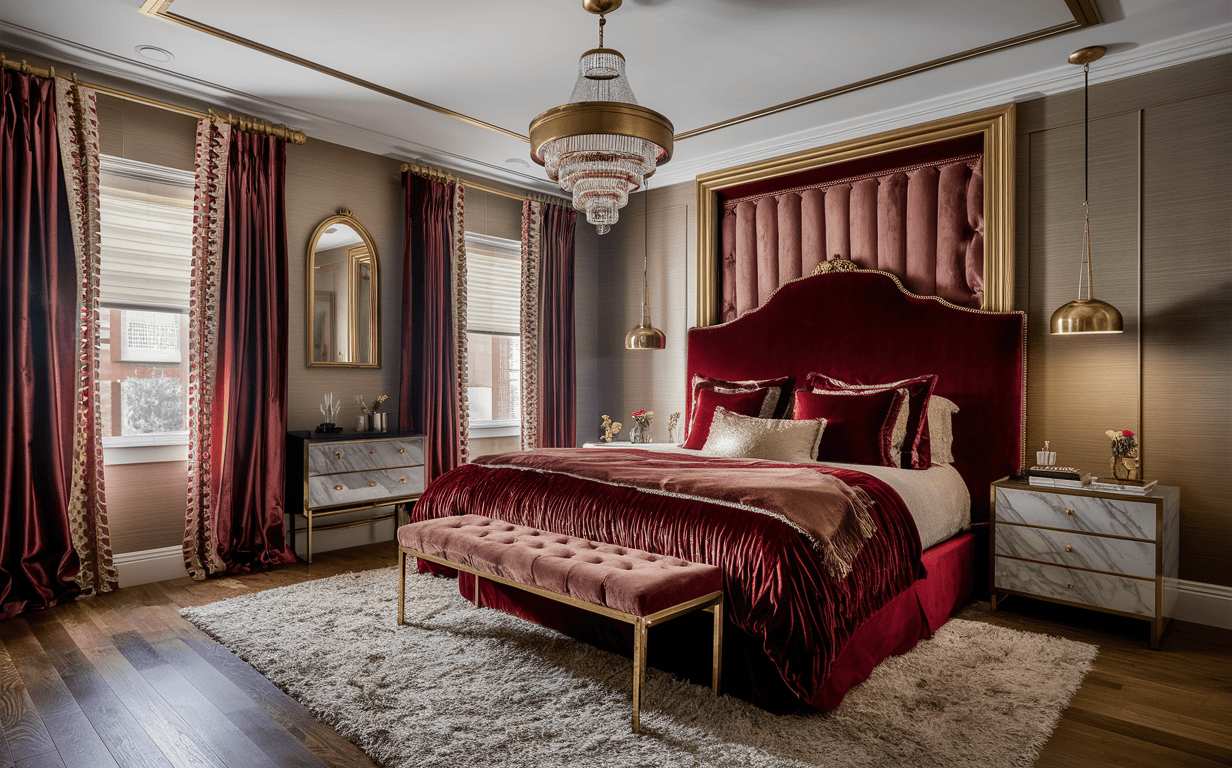 Opulent luxury master bedroom interior design with velvet bed and chandelier lighting