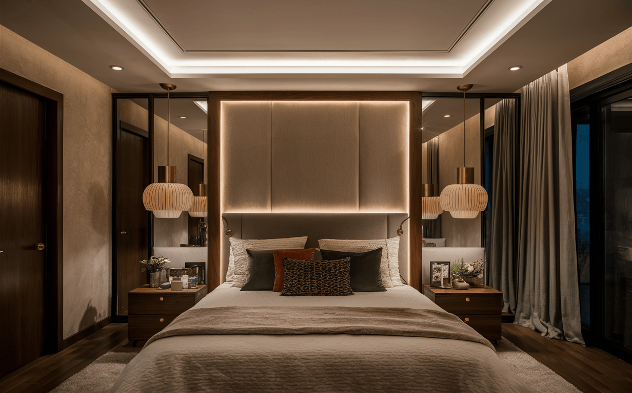 Warm-toned master bedroom interior design with backlit headboard and pendant lights
