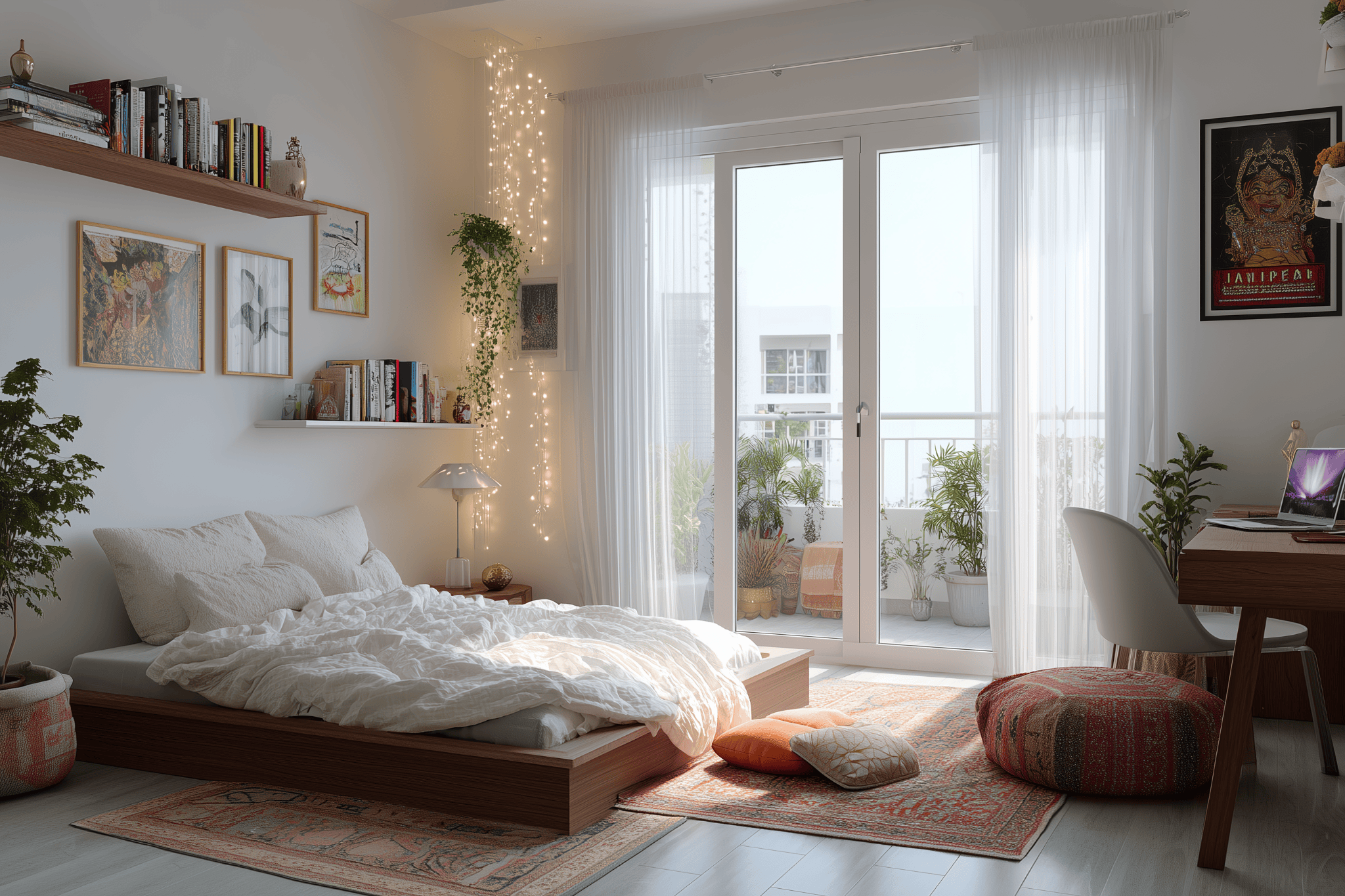 Boho-inspired master bedroom interior design with balcony, fairy lights, and cozy decor