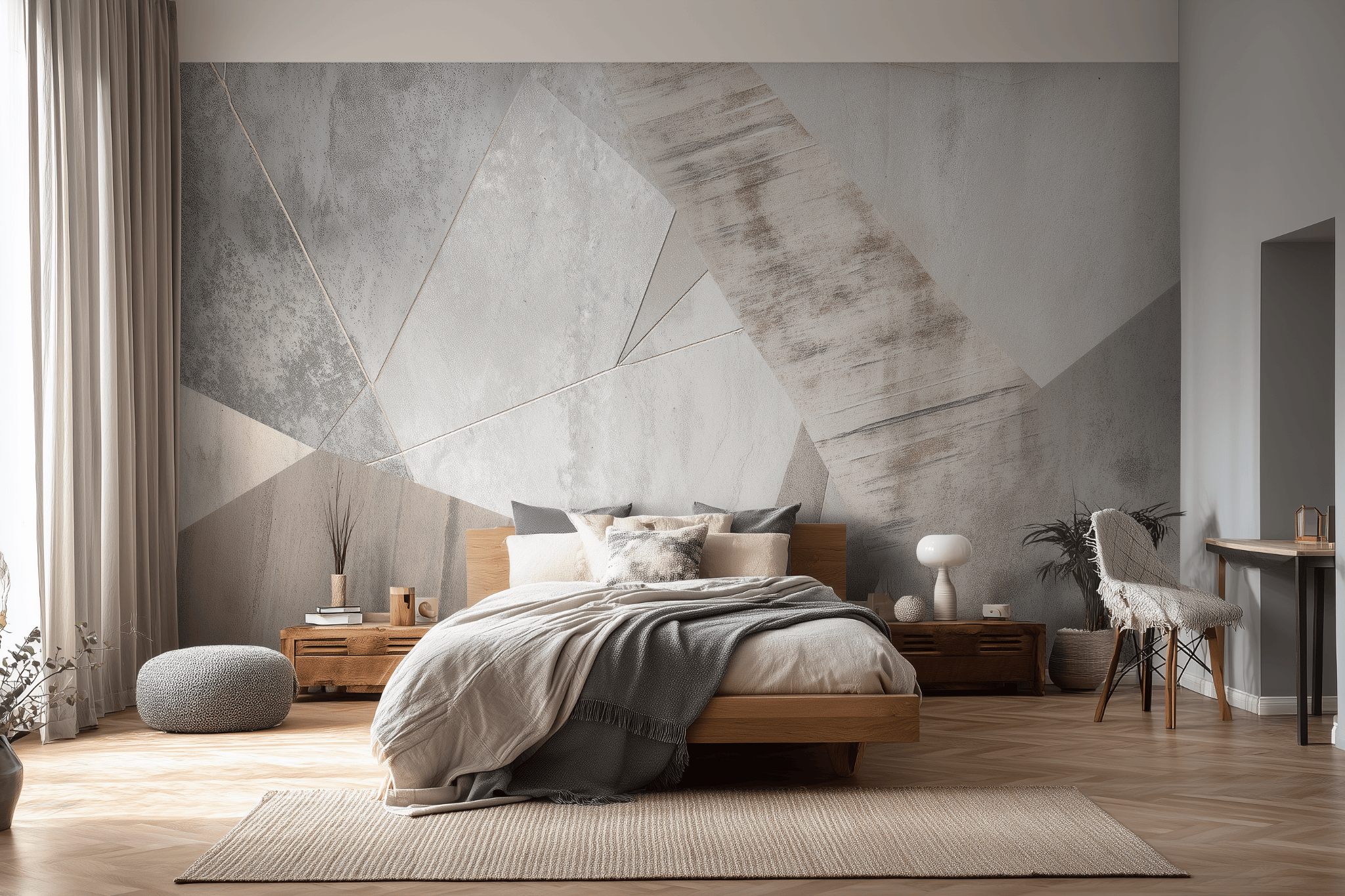 Modern minimalist bedroom with wooden bed and abstract concrete-texture wall design